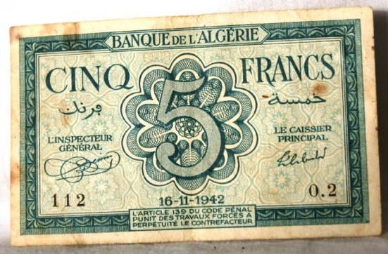 WWII Bank of Algeria 5 Francs Note