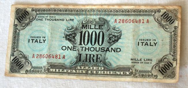 WWII Allied Military Currency 1000 Lire Note
