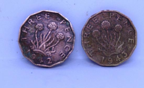 2 X WWII English Three Pence Coin's