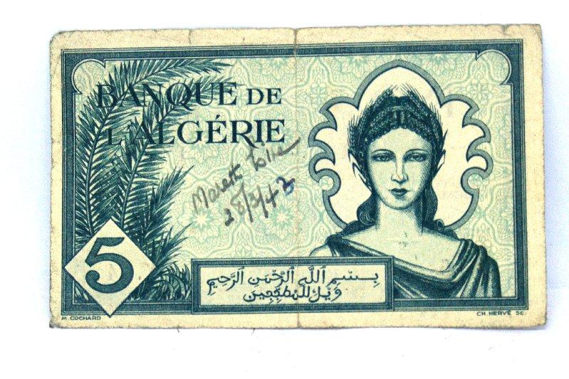 Original WWII Bank of Algeria 5 Franc Note